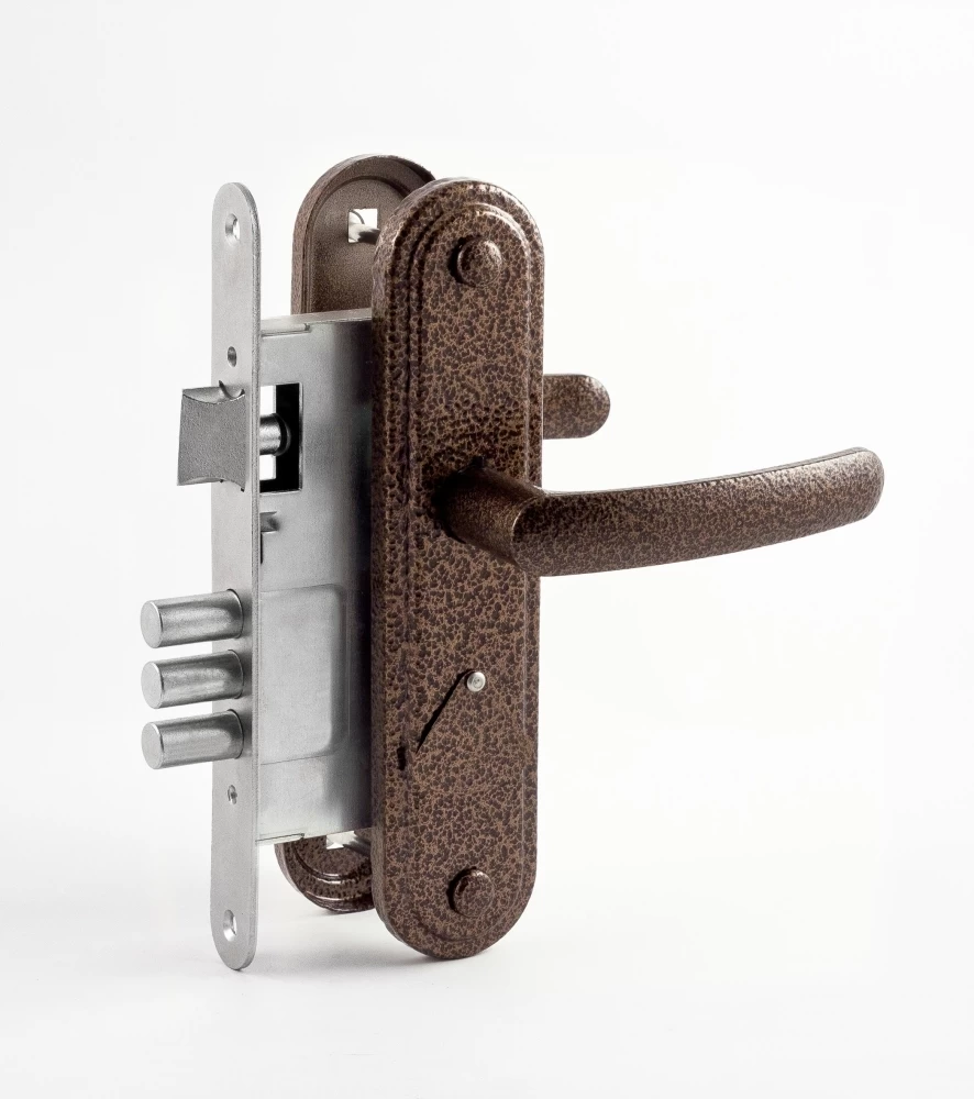 Фото Замок врезной сувальдный с защёлкой в комплекте с ручкой ЗВ9.1-02 (бронза), 3 кл.