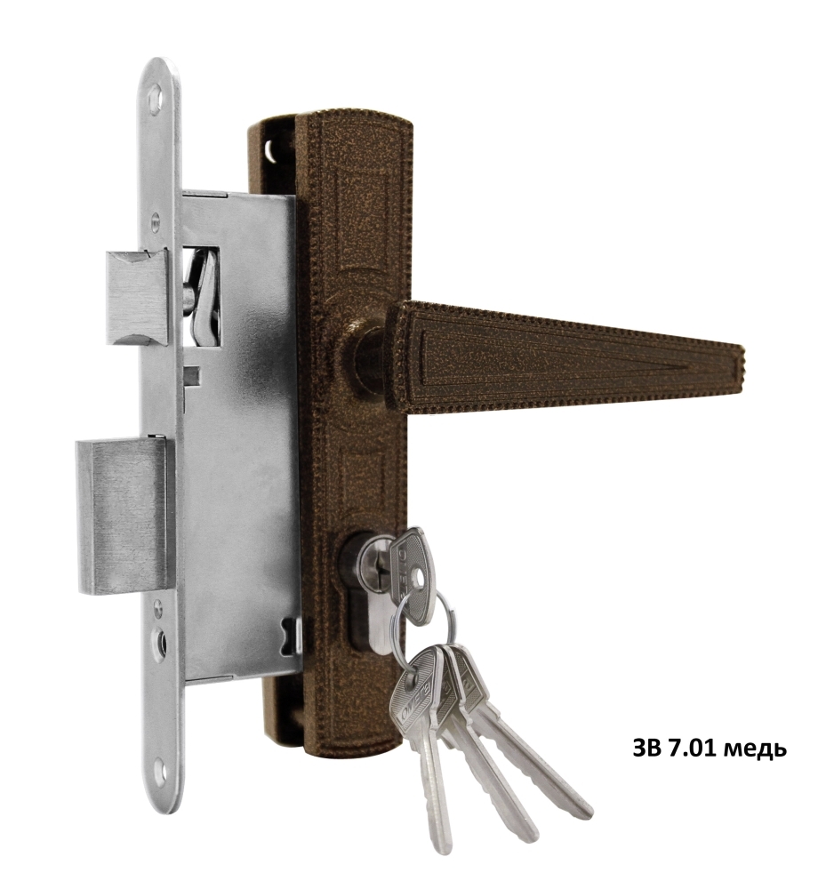 Фото Замок врезной цилиндровый с защёлкой в комплекте с ручкой ЗВ7.01 (медь), 4 кл.